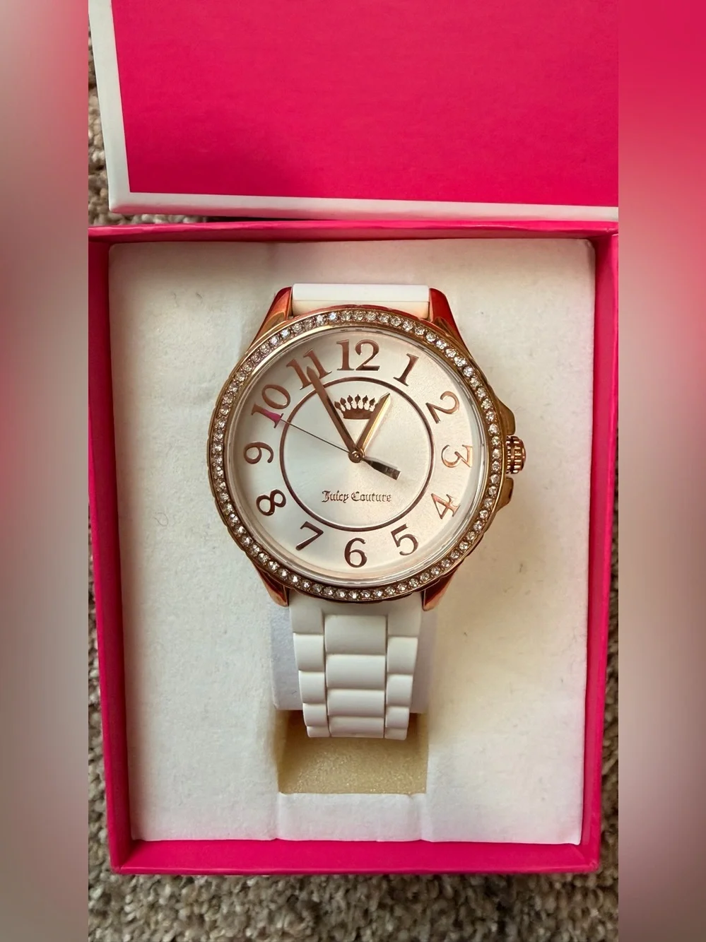 Y2K Juicy Couture White Silicone Strap Rose Gold-Tone Crystal Watch